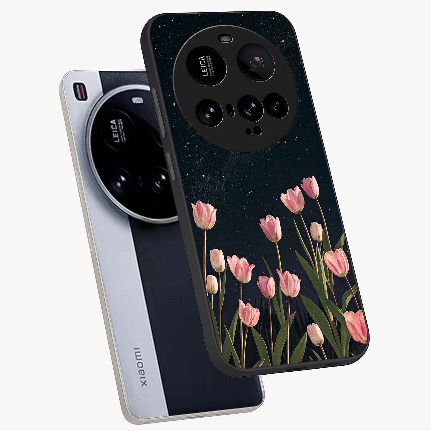 Midnight Tulip Whispers Vibe Glass Case displayed in angled mockup highlighting delicate tulip design with midnight floral aesthetic.