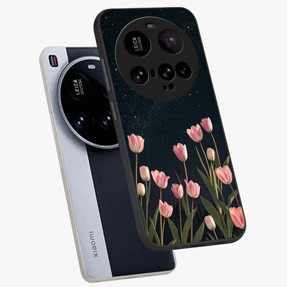 Midnight Tulip Whispers Vibe Glass Case displayed in angled mockup highlighting delicate tulip design with midnight floral aesthetic.