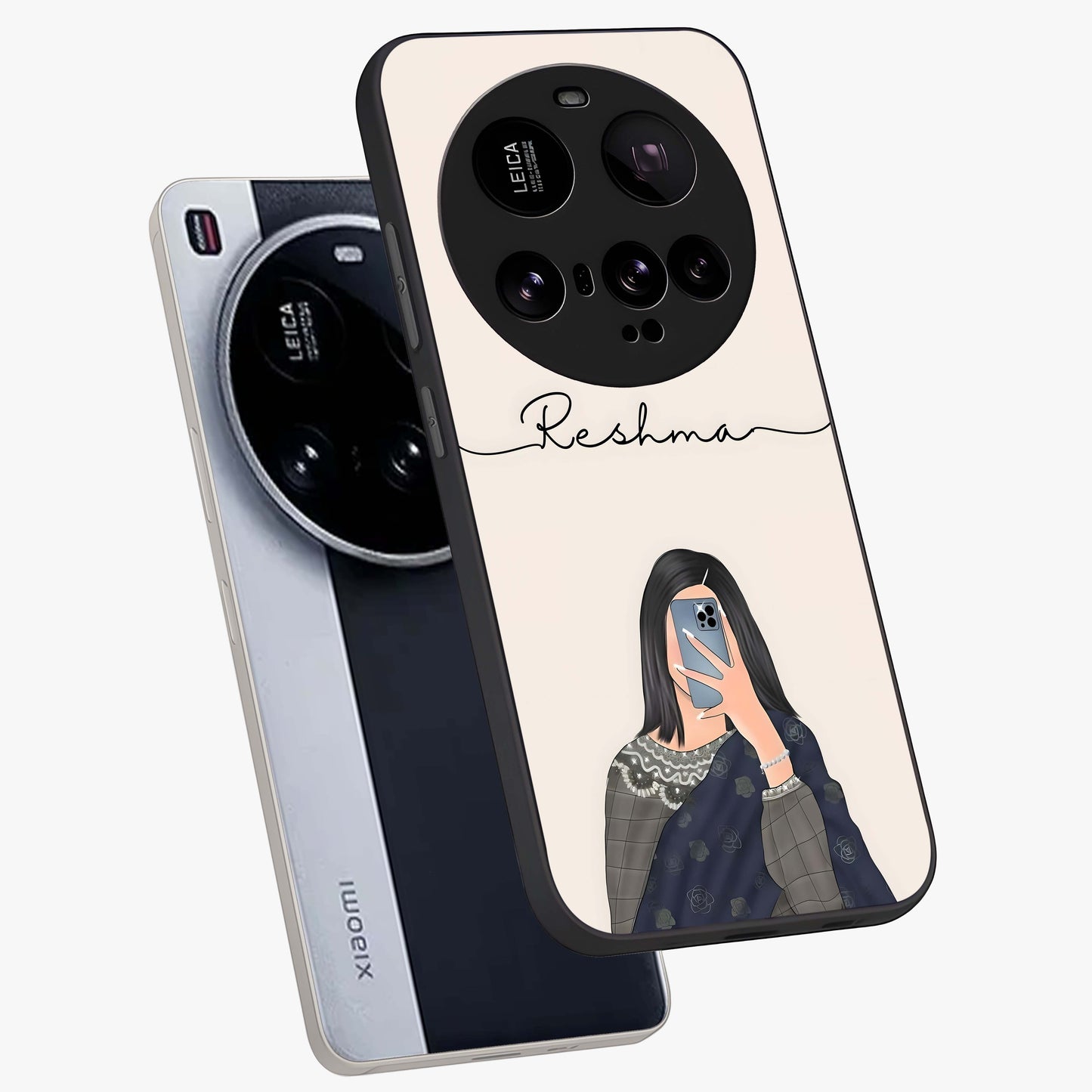 Mirror Mood Muse With Custom Name Glass Case displayed in angled mockup highlighting aesthetic mirror inspired design with custom name feature.