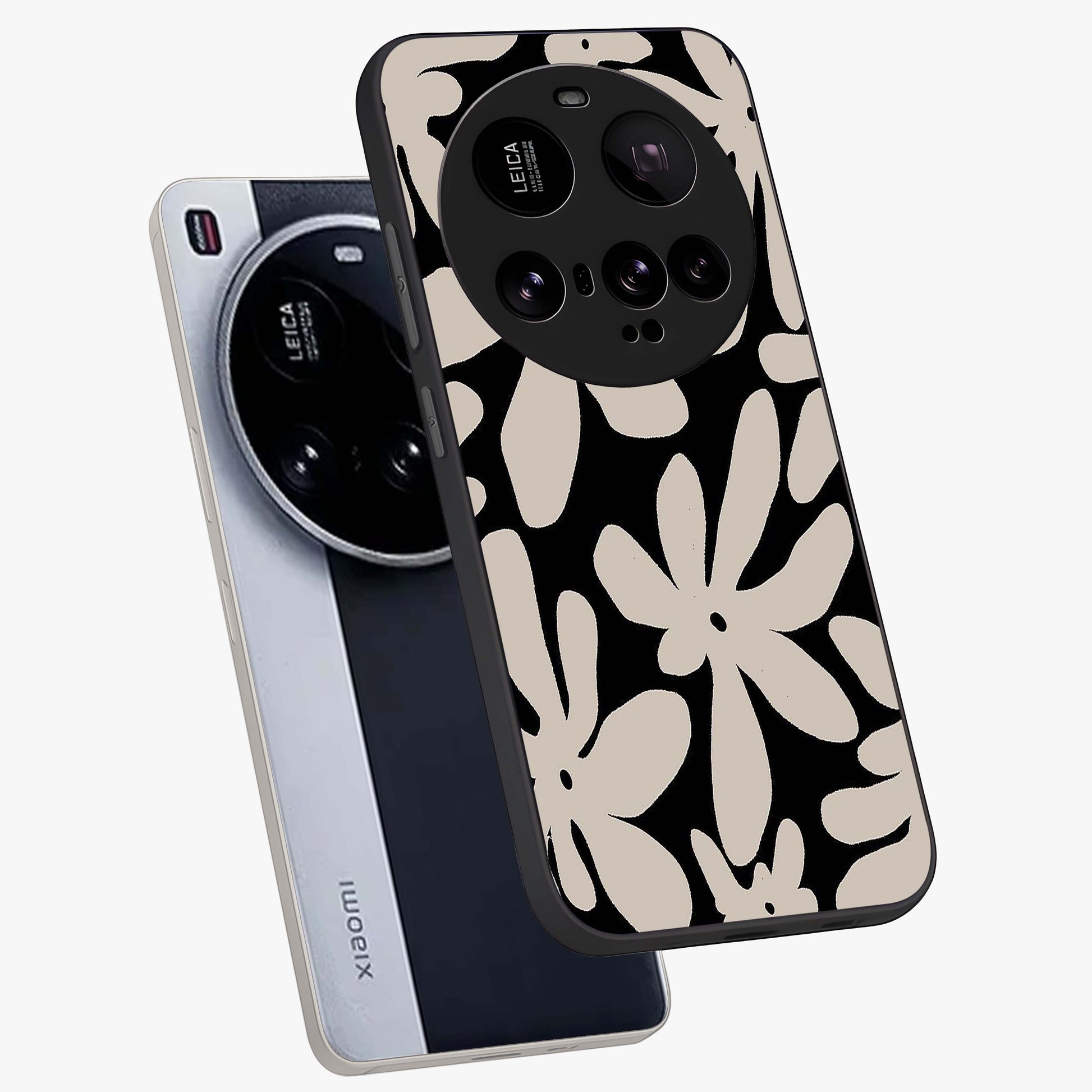 Monochrome Petal Dance Glass Case displayed in angled mockup highlighting elegant petal design with black and white aesthetic.
