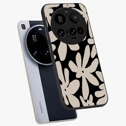 Monochrome Petal Dance Glass Case displayed in angled mockup highlighting elegant petal design with black and white aesthetic.