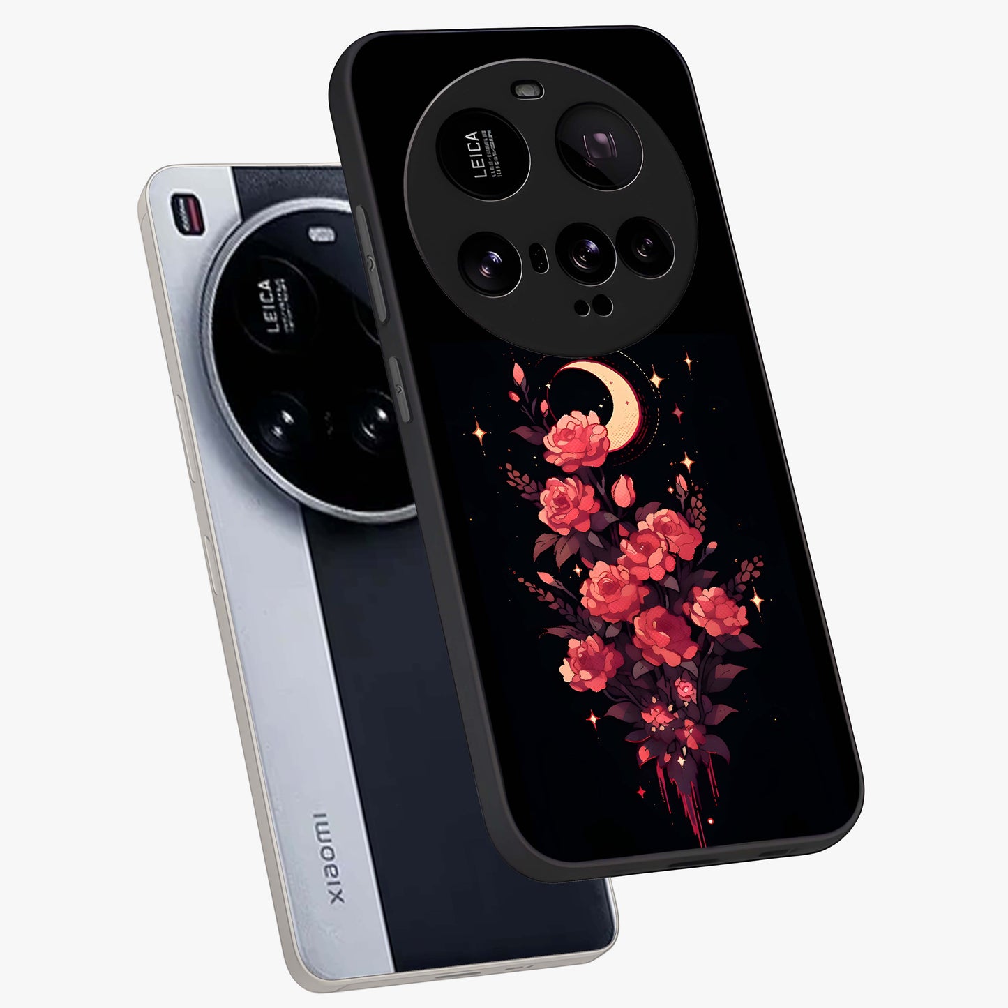 Moonlit Floral Elegance Glass Case displayed in angled mockup highlighting graceful flower design with soft moonlight aesthetic.