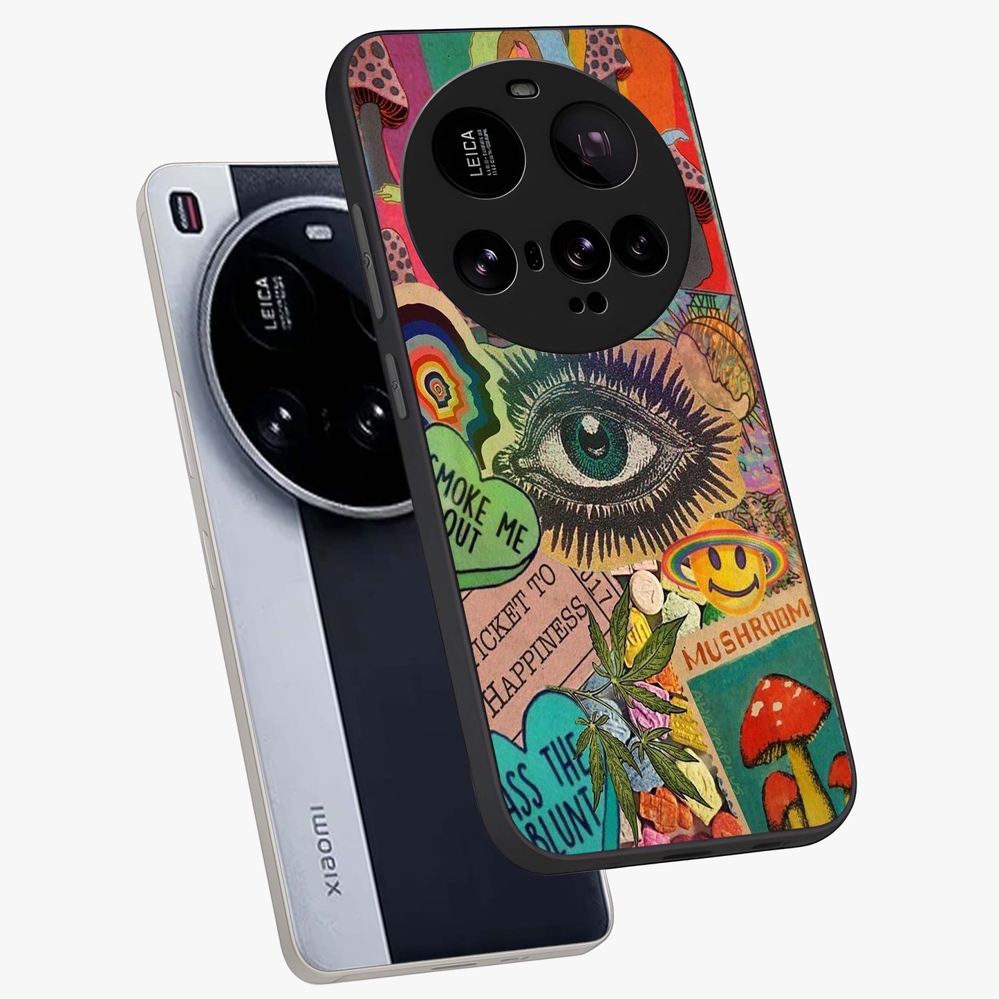 Mystic Eye Wonderland Glass Case displayed in angled mockup highlighting magical eye illustration with dreamy aesthetic.