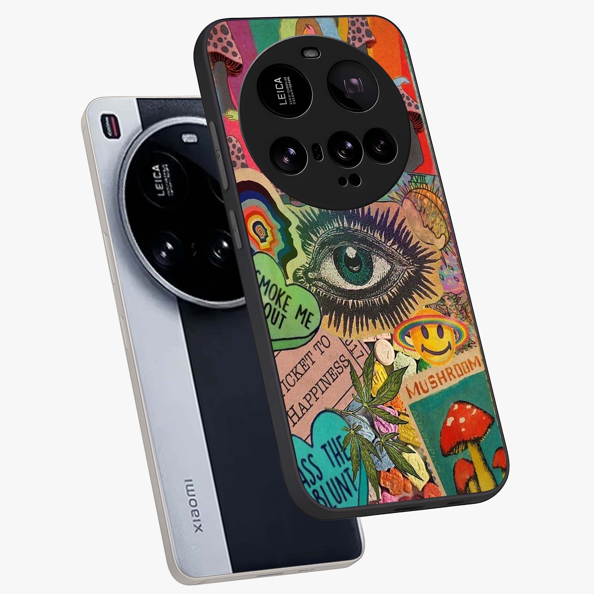 Mystic Eye Wonderland Glass Case displayed in angled mockup highlighting magical eye illustration with dreamy aesthetic.