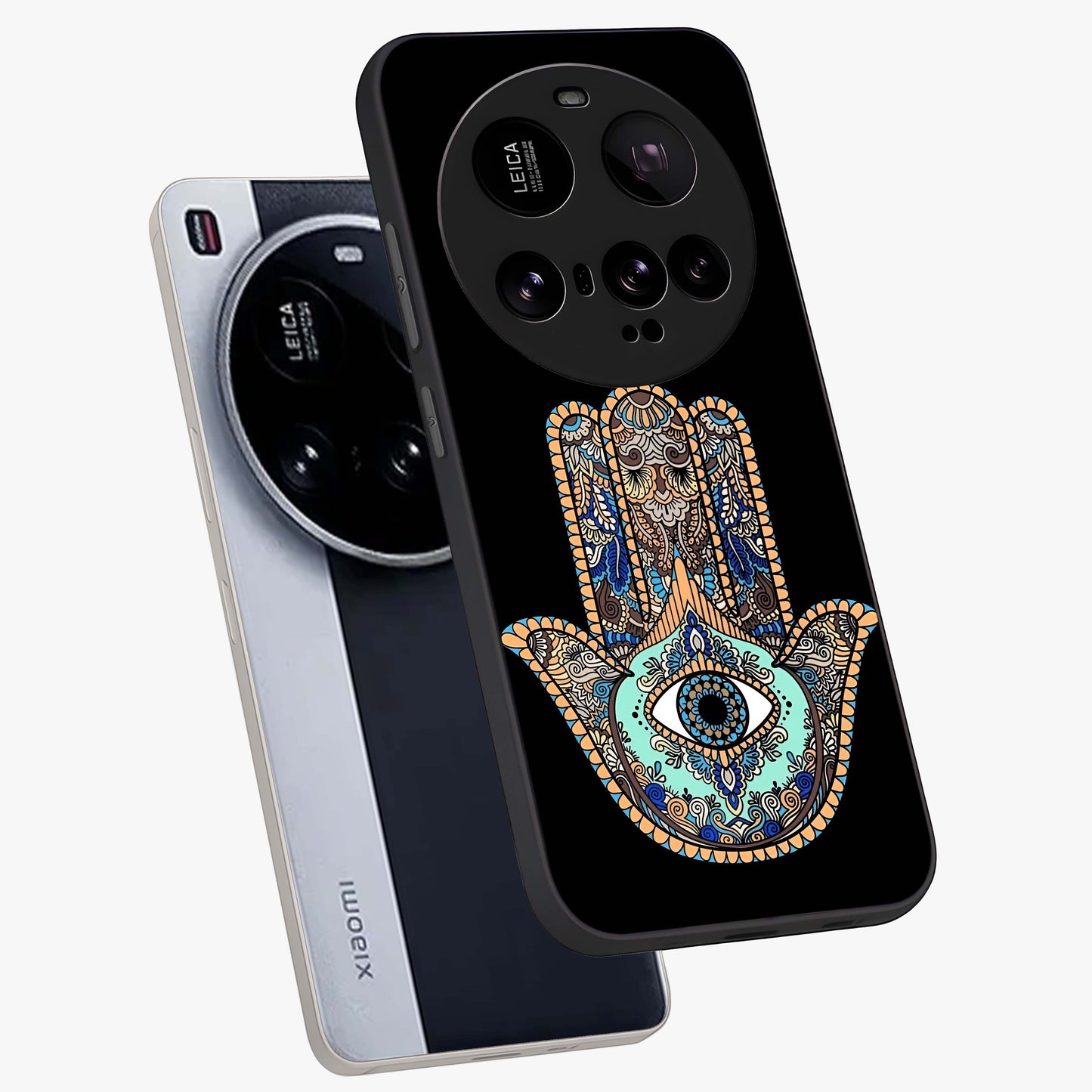Mystic Hamsa Eye Glass Case displayed in angled mockup highlighting spiritual hamsa symbol with mystical aesthetic style.