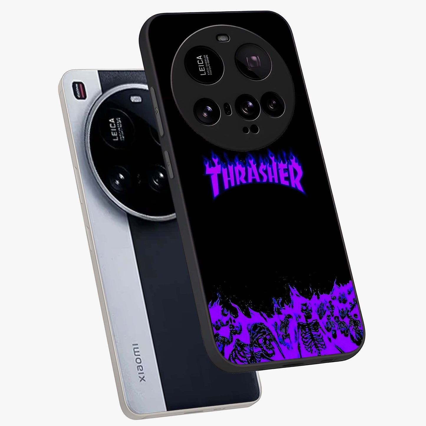 Neon Flame Riot Glass Case displayed in angled mockup highlighting glowing flame design with vibrant neon aesthetic.