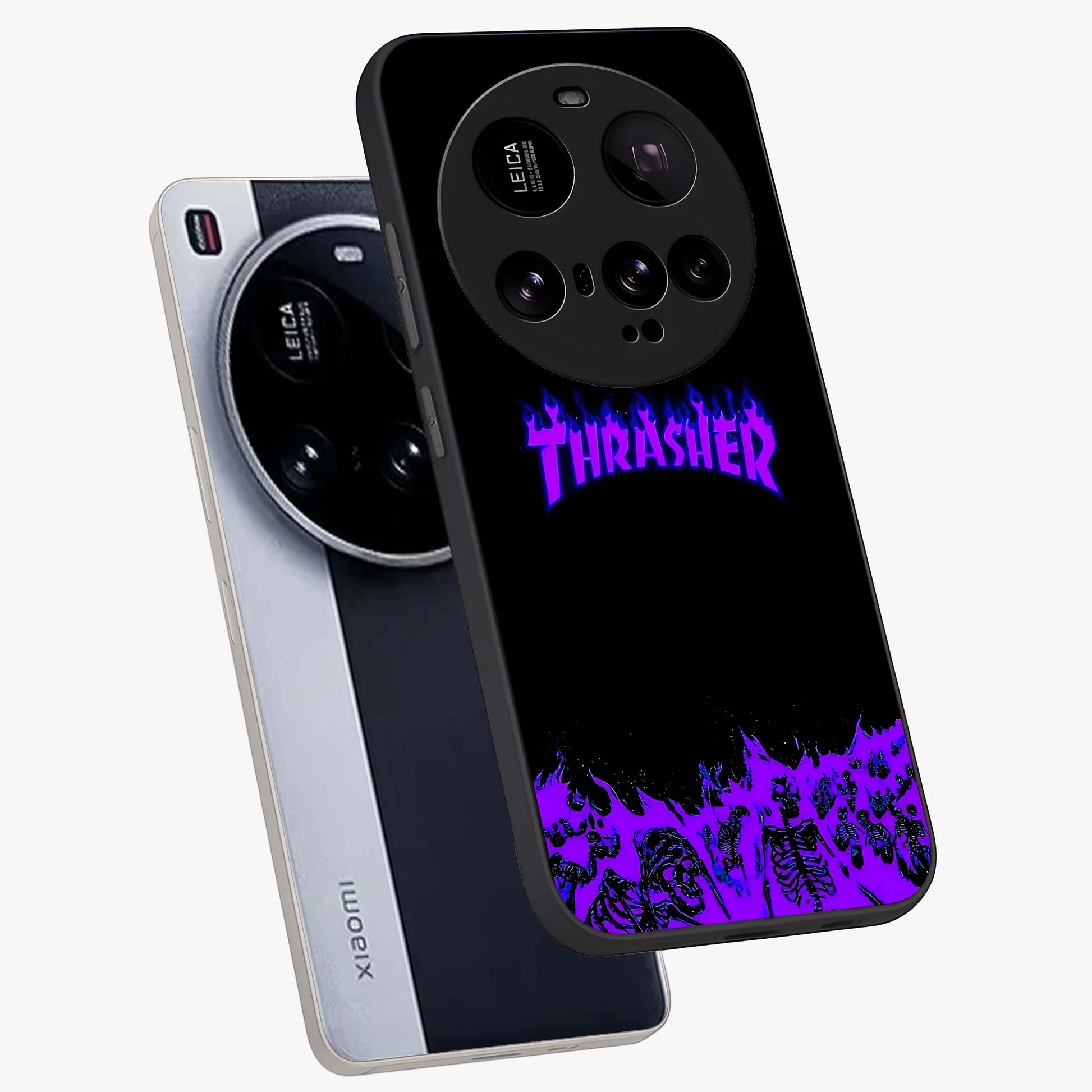 Neon Flame Riot Glass Case displayed in angled mockup highlighting glowing flame design with vibrant neon aesthetic.