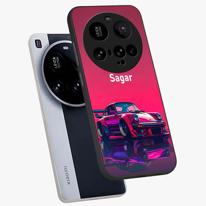 Neon Pink Porsche Glass Case displayed in angled mockup highlighting sleek neon pink car design with racing aesthetic.