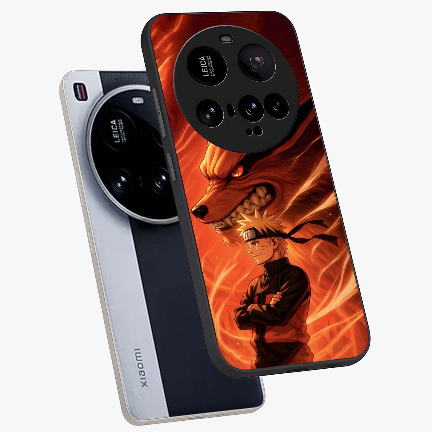 Nine Tails Legacy Glass Case displayed in angled mockup highlighting dynamic anime beast illustration with bold mystical aesthetic.