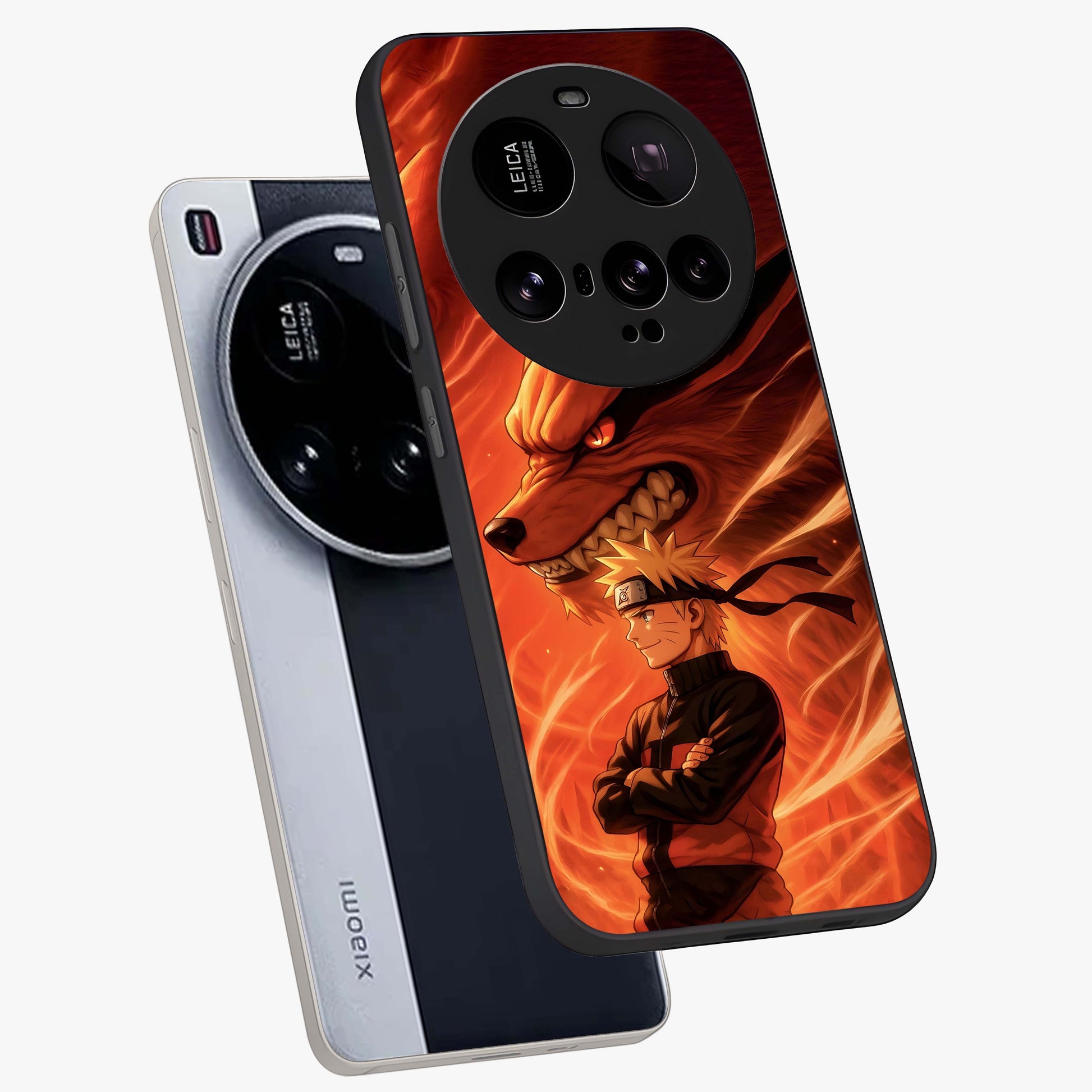 Nine Tails Legacy Glass Case displayed in angled mockup highlighting dynamic anime beast illustration with bold mystical aesthetic.