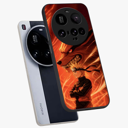 Nine Tails Legacy Glass Case displayed in angled mockup highlighting dynamic anime beast illustration with bold mystical aesthetic.