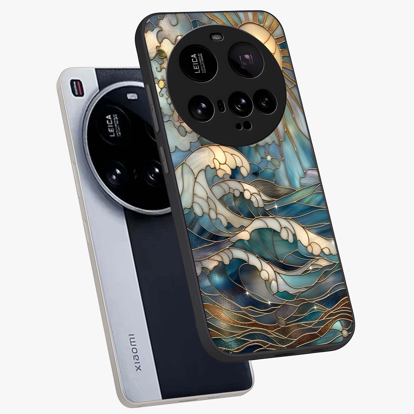 Oceanic Stained Printed Glass Case displayed in angled mockup highlighting colorful aquatic design with artistic aesthetic style.