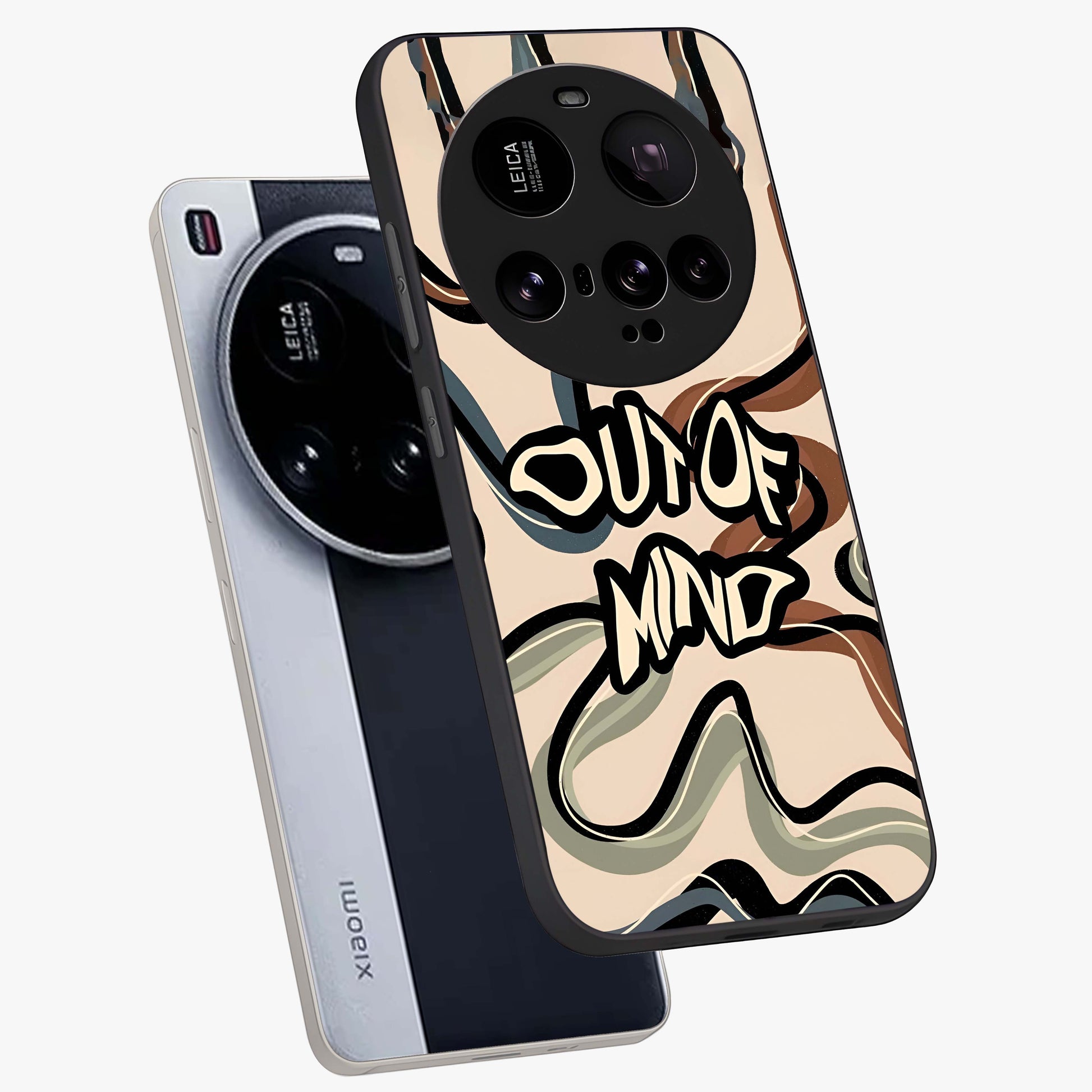 Out Of Mind Glass Case displayed in angled mockup highlighting bold statement design with modern artistic aesthetic.