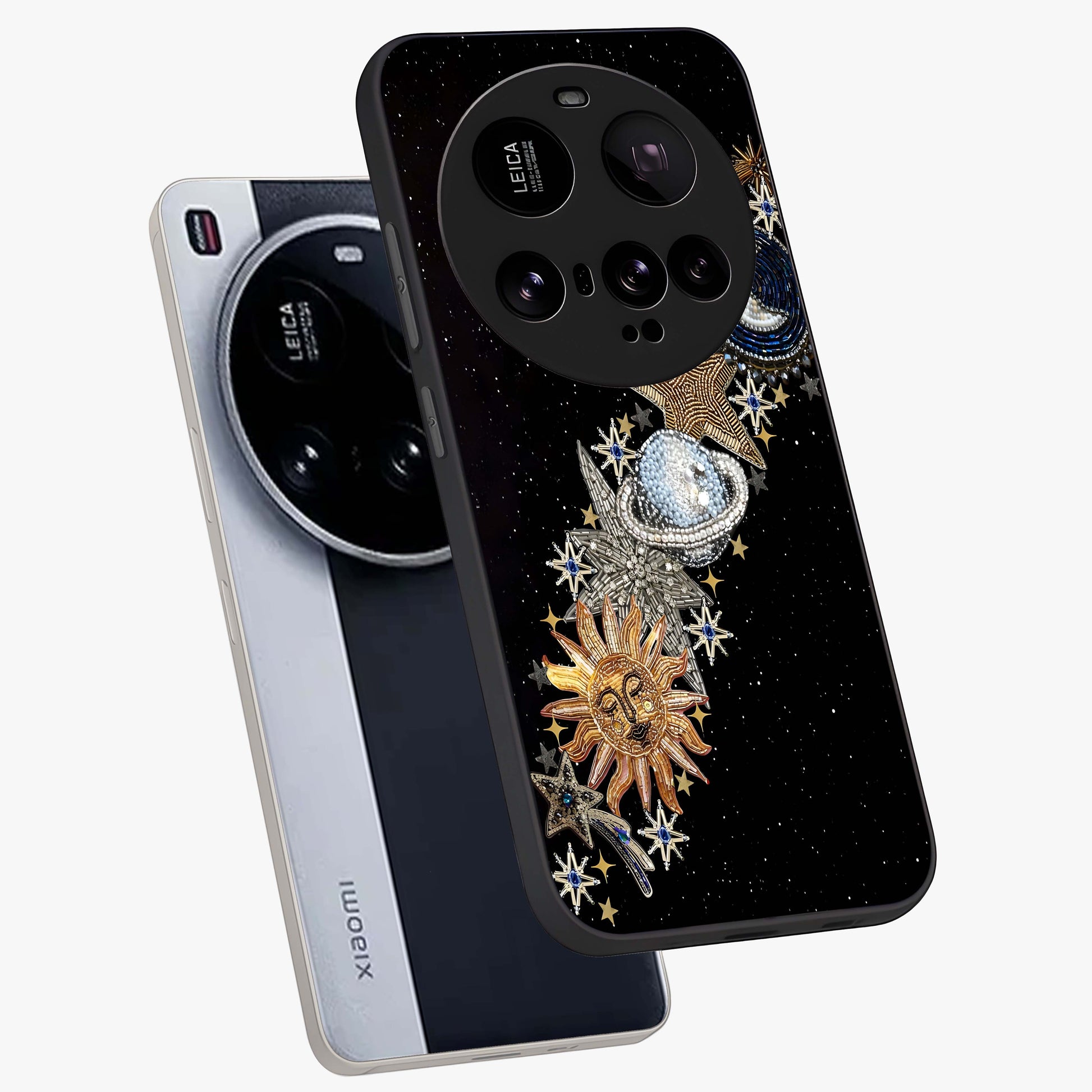 Pearls Universe Object Glass Case displayed in angled mockup highlighting celestial pearl design with dreamy aesthetic.