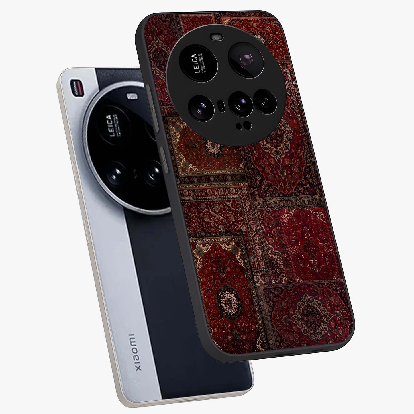 Persian Velvet Tale Glass Case displayed in angled mockup highlighting ornate textile inspired design with royal aesthetic.