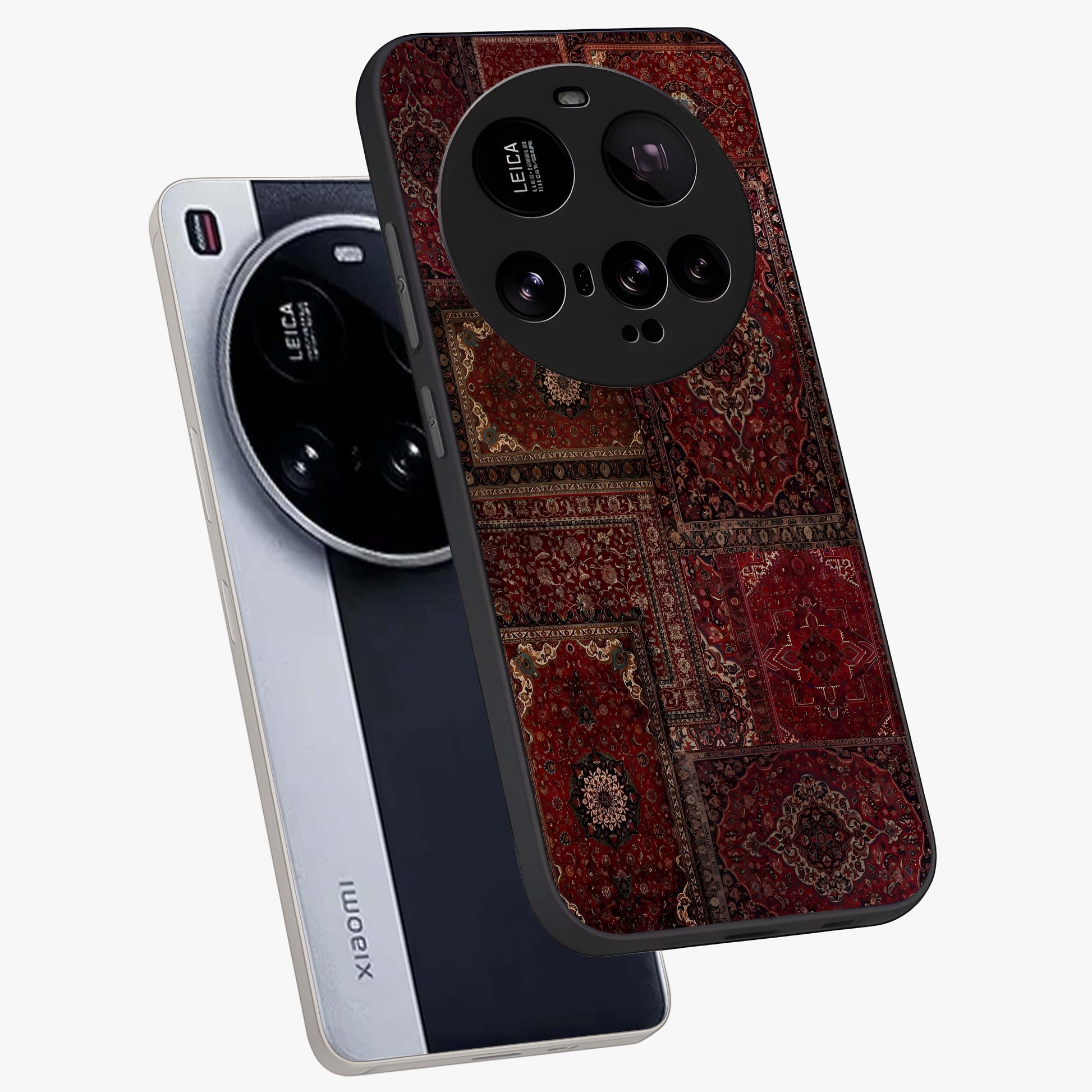 Persian Velvet Tale Glass Case displayed in angled mockup highlighting ornate textile inspired design with royal aesthetic.