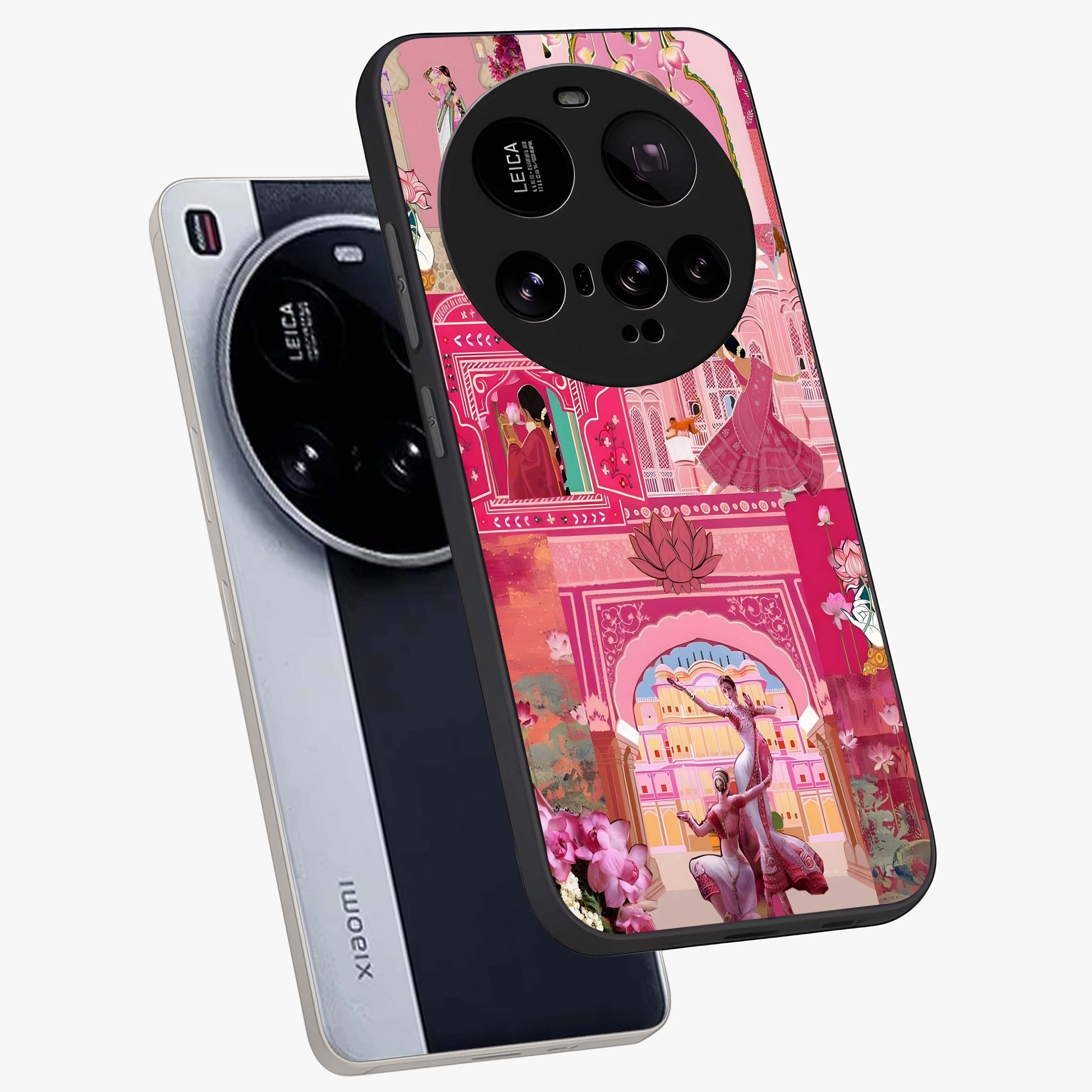 Pink Palace Muse Glass Case displayed in angled mockup highlighting dreamy palace illustration with soft pink aesthetic.