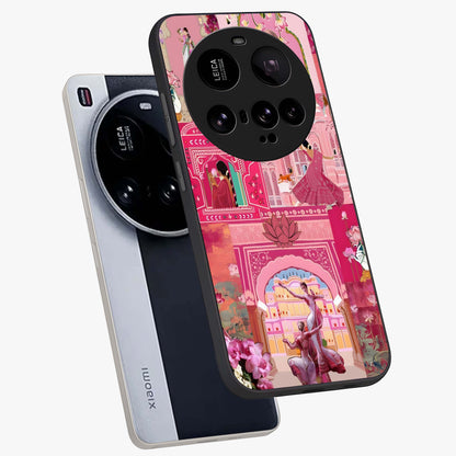 Pink Palace Muse Glass Case displayed in angled mockup highlighting dreamy palace illustration with soft pink aesthetic.