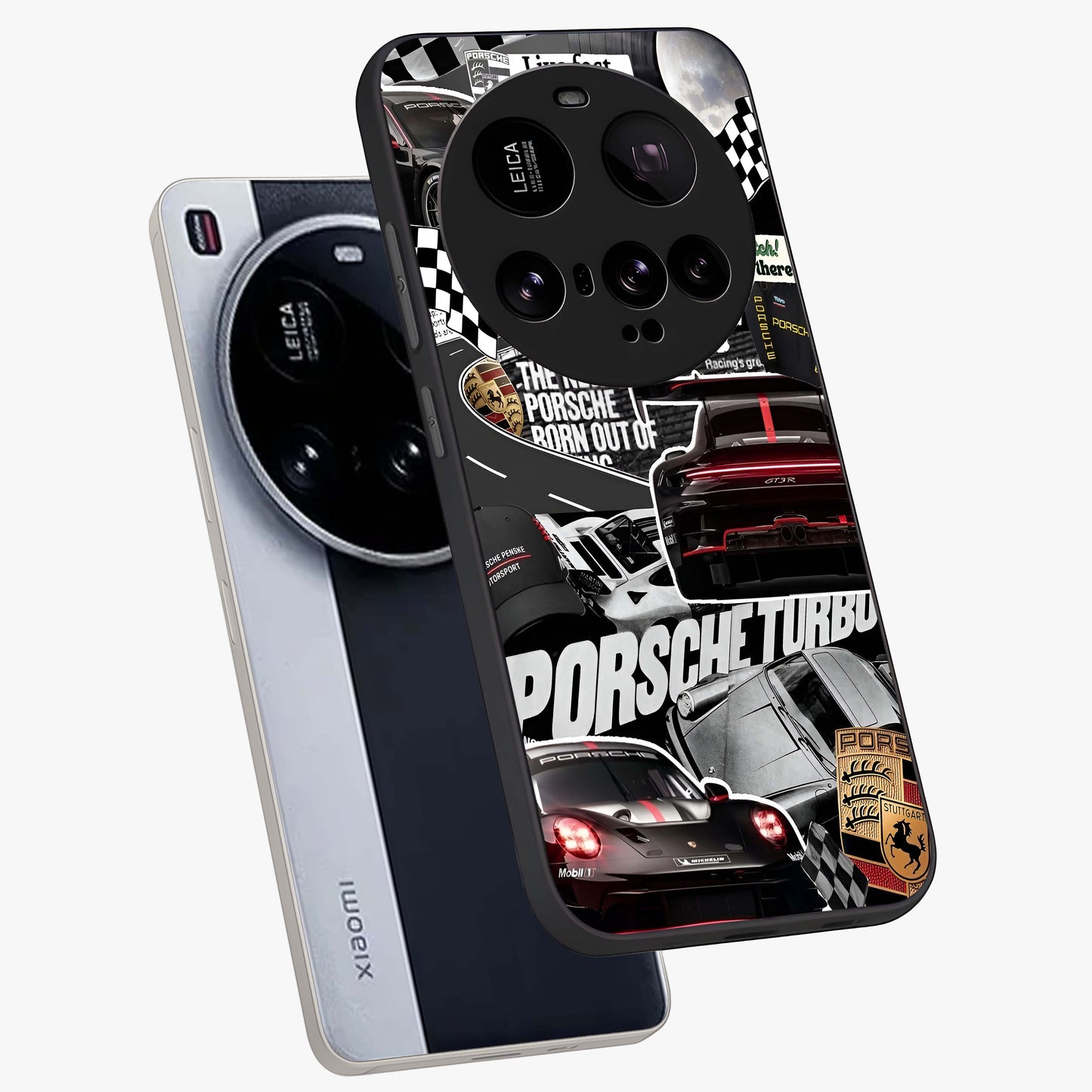 Porsche Racing Collage Glass Case displayed in angled mockup highlighting dynamic automotive design with bold racing aesthetic.