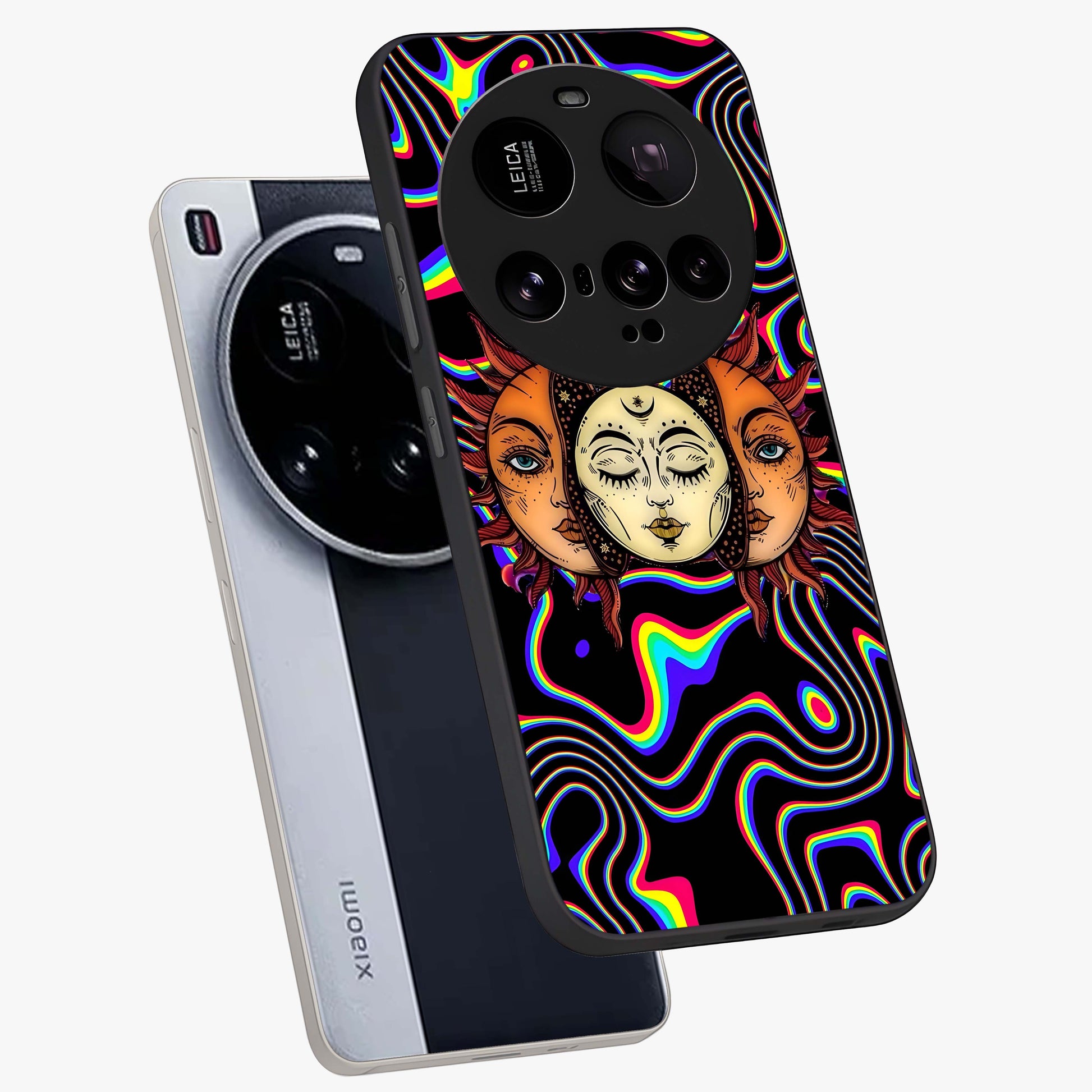 Psychedelic Sun Glass Case displayed in angled mockup highlighting vibrant abstract sun design with artistic aesthetic style.