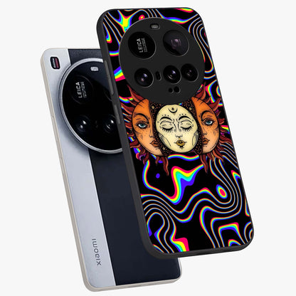 Psychedelic Sun Glass Case displayed in angled mockup highlighting vibrant abstract sun design with artistic aesthetic style.