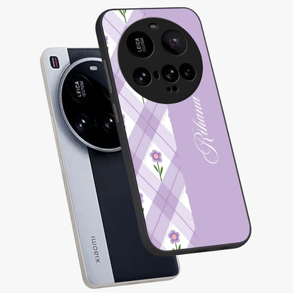 Purple Diamond Floral Glass Case displayed in angled mockup highlighting elegant purple flower design with decorative pattern.