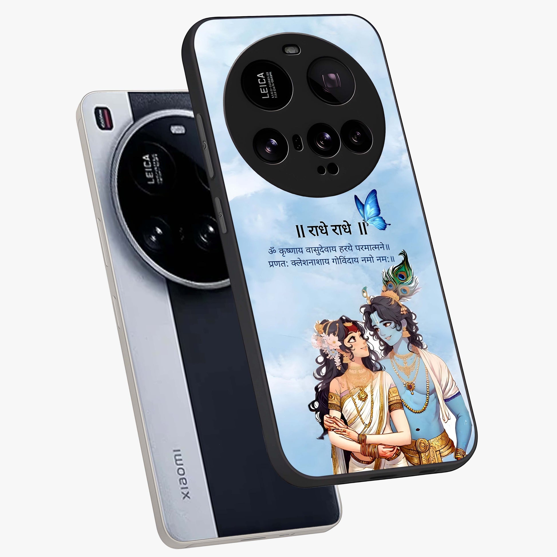 Radha Krishna Eternal Glass Case displayed in angled mockup highlighting divine Radha Krishna illustration with spiritual aesthetic.