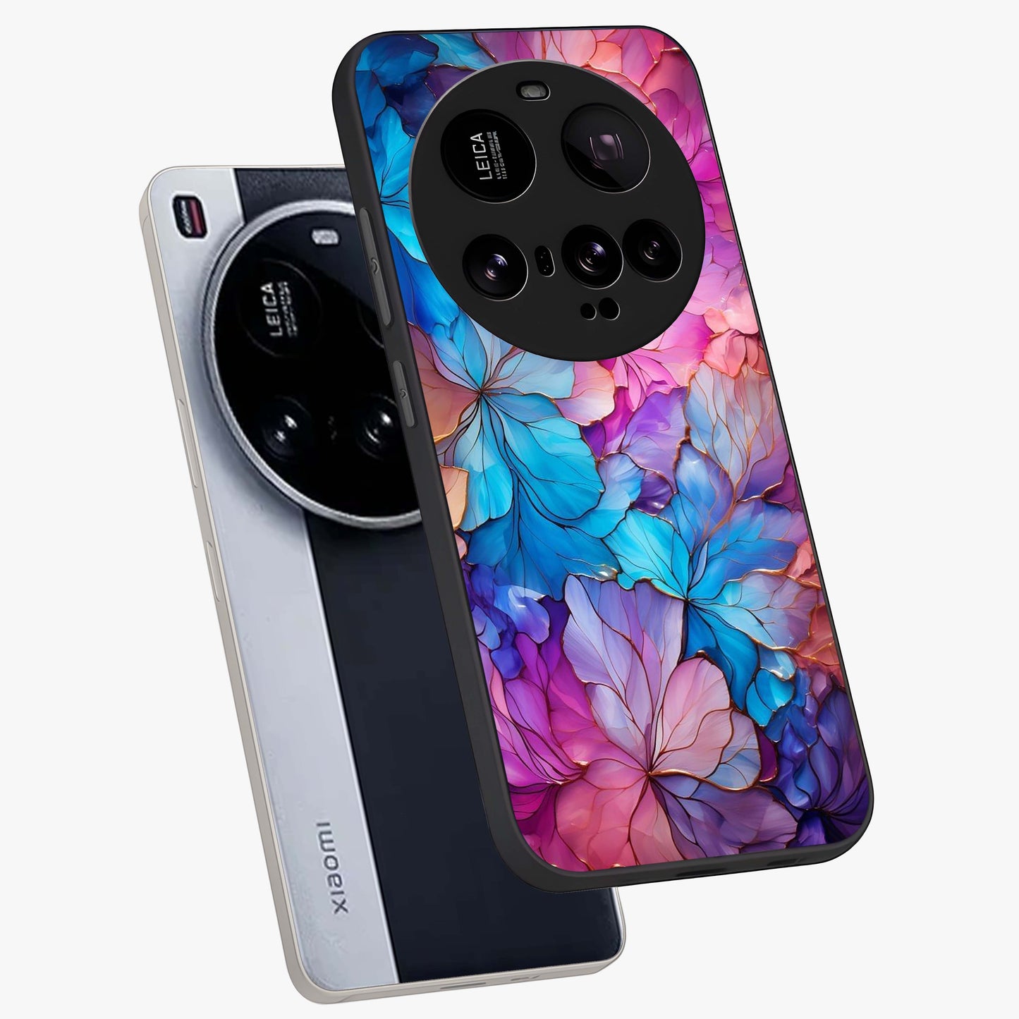 Radiant Floral Whirl Glass Case displayed in angled mockup highlighting vibrant flower pattern with dynamic artistic aesthetic.
