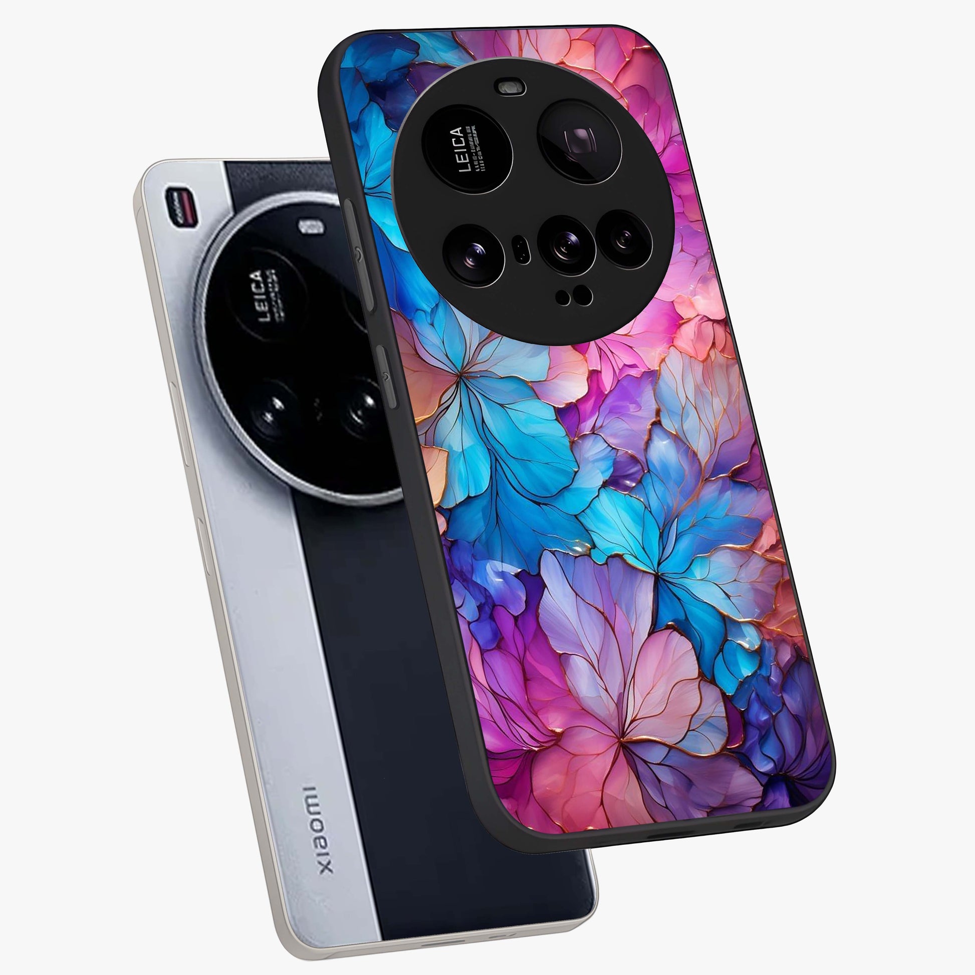 Radiant Floral Whirl Glass Case displayed in angled mockup highlighting vibrant flower pattern with dynamic artistic aesthetic.
