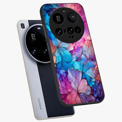 Radiant Floral Whirl Glass Case displayed in angled mockup highlighting vibrant flower pattern with dynamic artistic aesthetic.