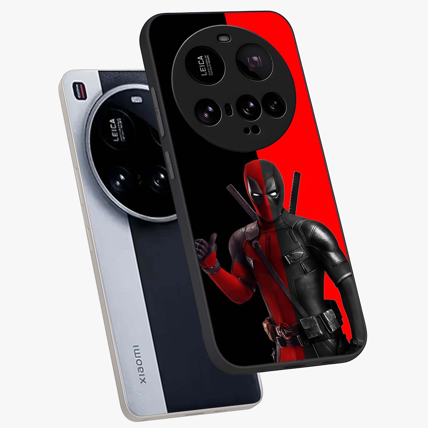 Red & Black Deadpool Theme Glass Case displayed in angled mockup highlighting vibrant superhero style illustration with action aesthetic.