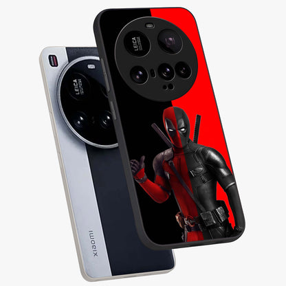 Red & Black Deadpool Theme Glass Case displayed in angled mockup highlighting vibrant superhero style illustration with action aesthetic.