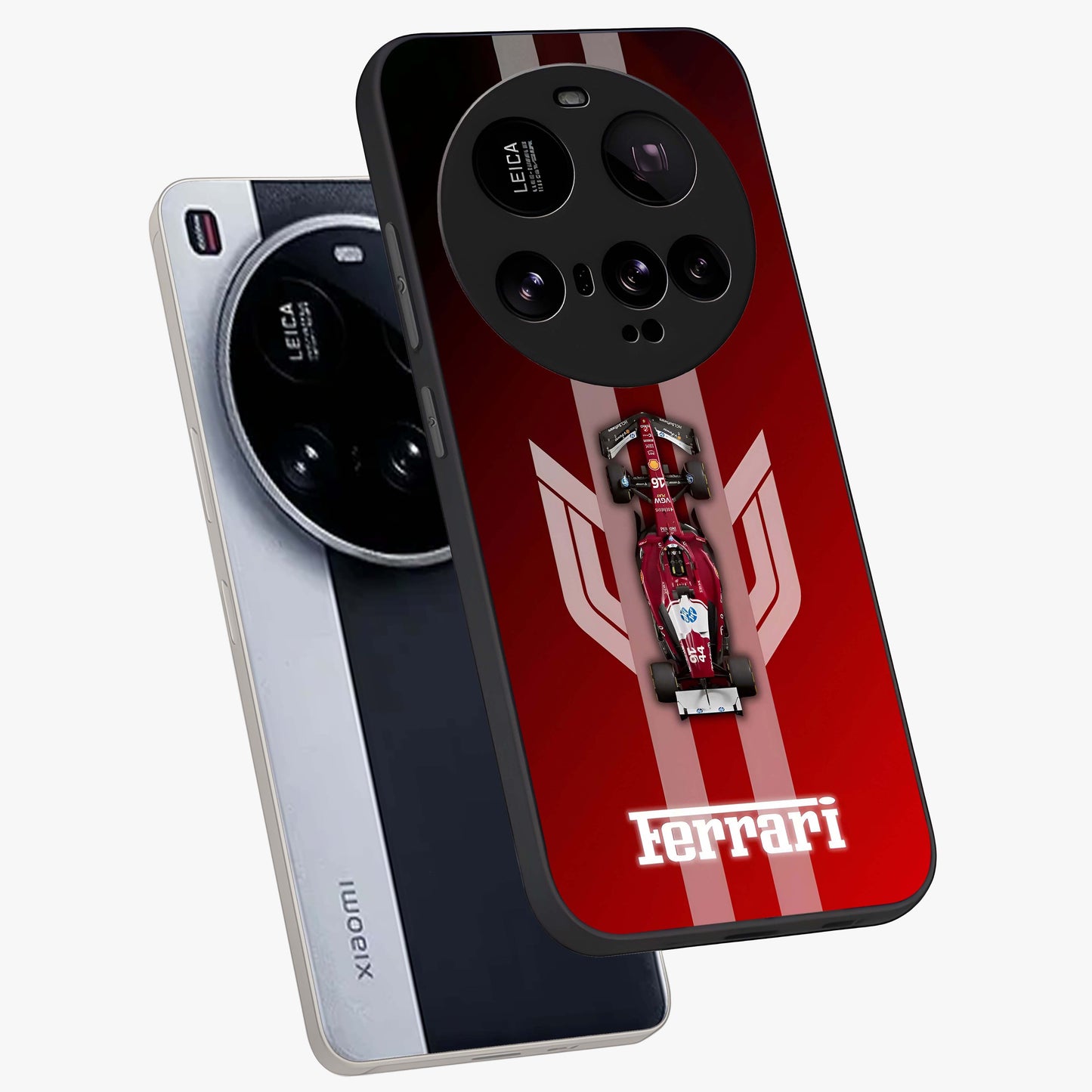 Red Ferrari F1 Vertical Glass Case displayed in angled mockup highlighting high speed racing design with bold automotive aesthetic.