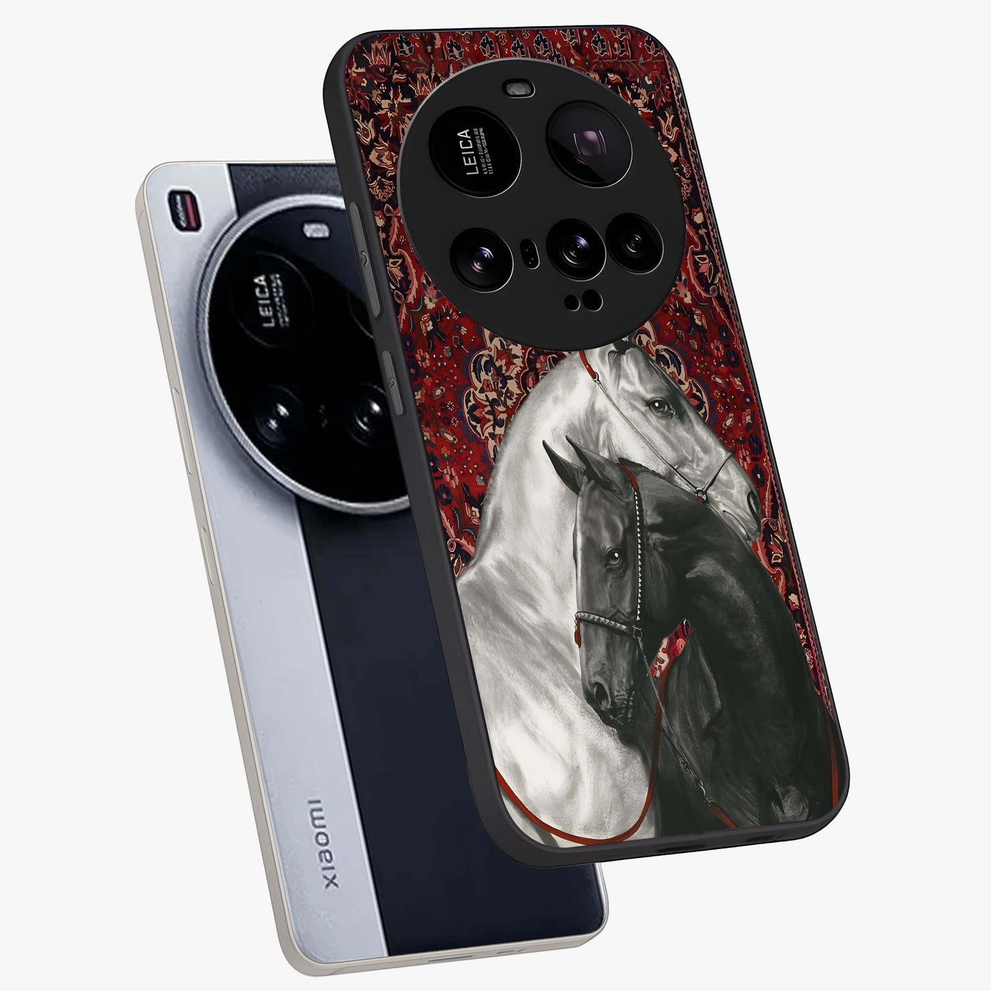 Regal Stallion Tapestry Glass Case displayed in angled mockup highlighting royal stallion design with decorative heritage aesthetic.