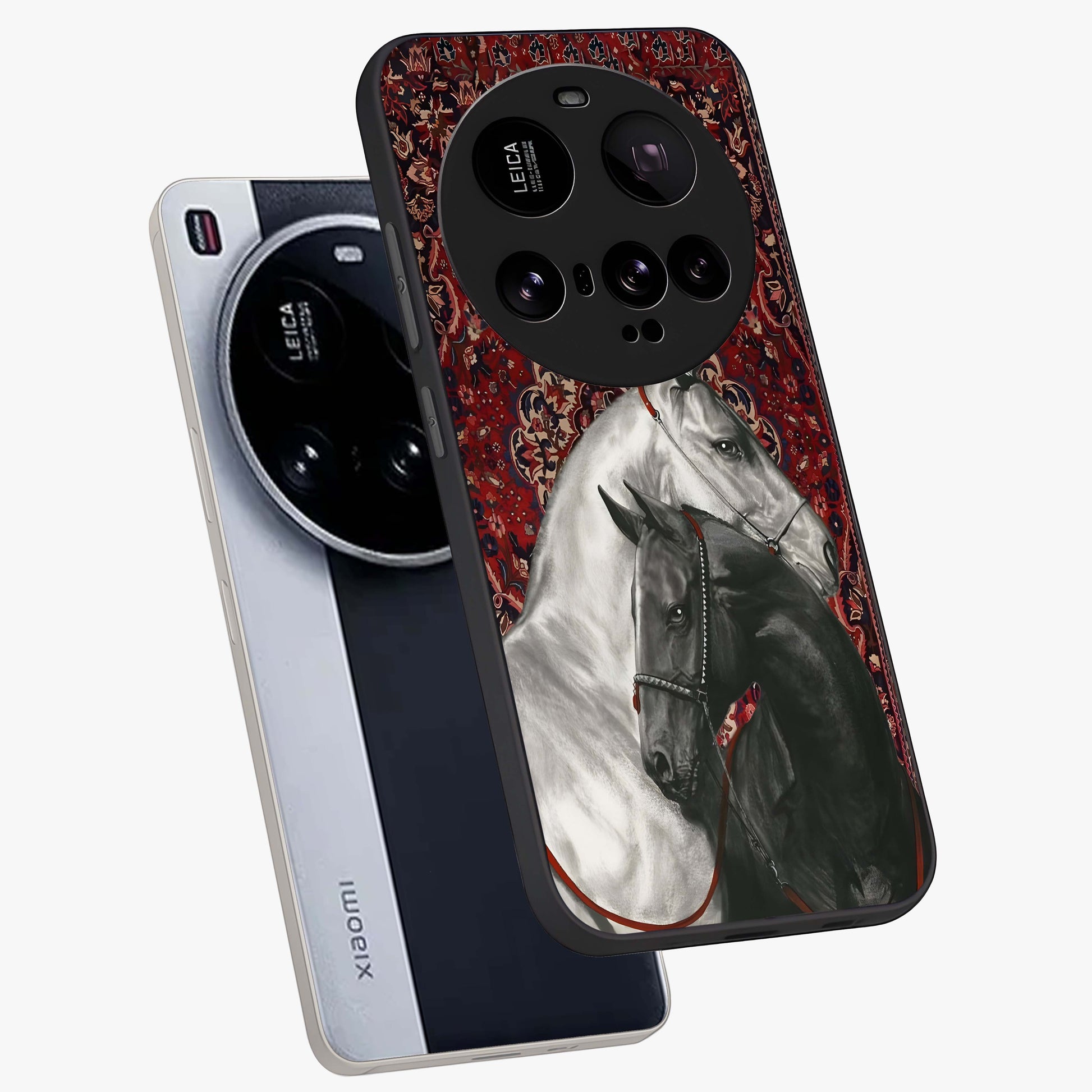 Regal Stallion Tapestry Glass Case displayed in angled mockup highlighting royal stallion design with decorative heritage aesthetic.