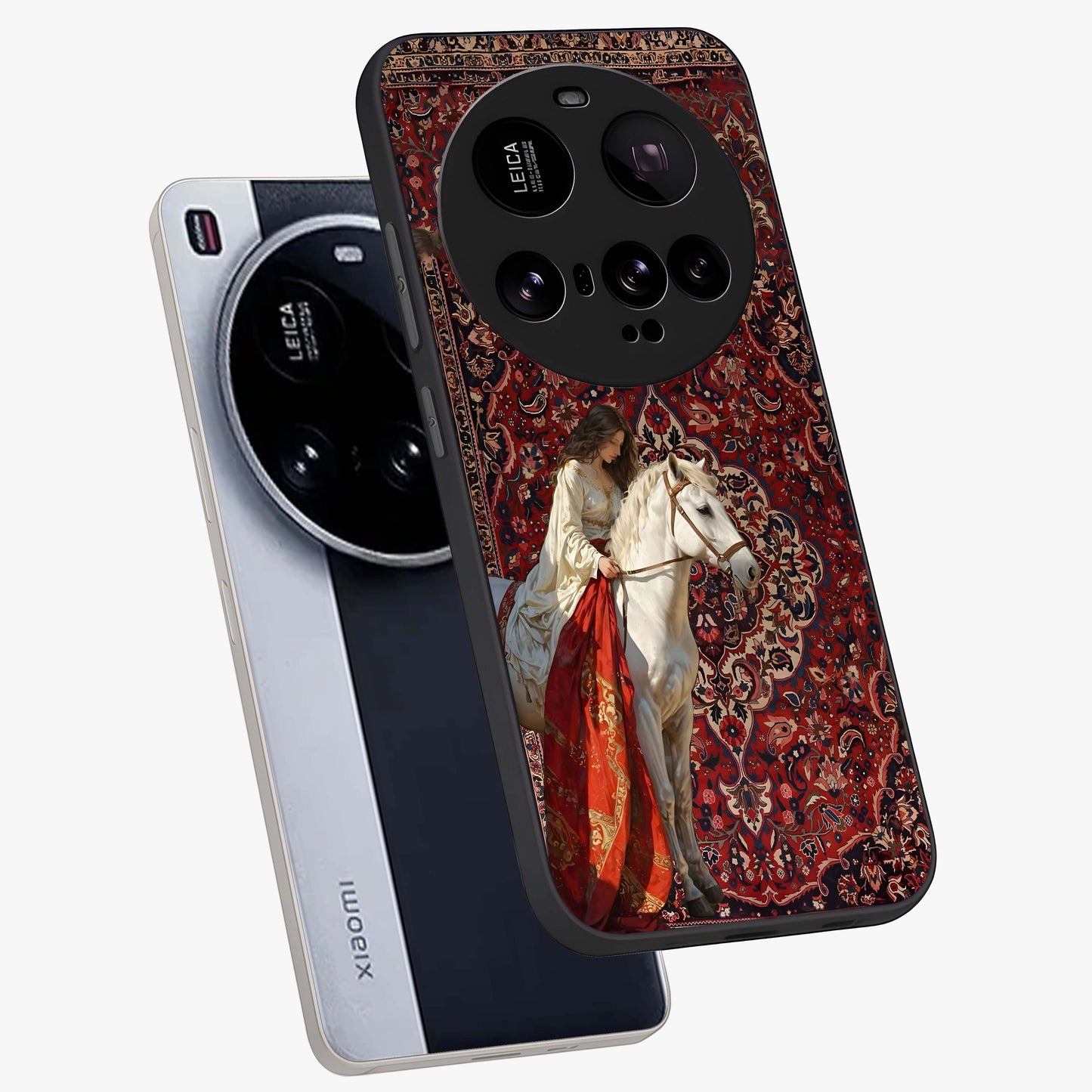 Royal Rider Tapestry Glass Case displayed in angled mockup highlighting traditional tapestry design with royal heritage aesthetic.