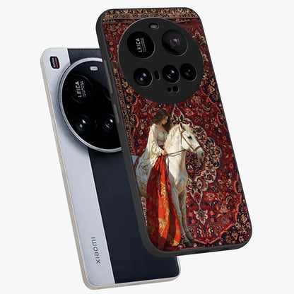 Royal Rider Tapestry Glass Case displayed in angled mockup highlighting traditional tapestry design with royal heritage aesthetic.