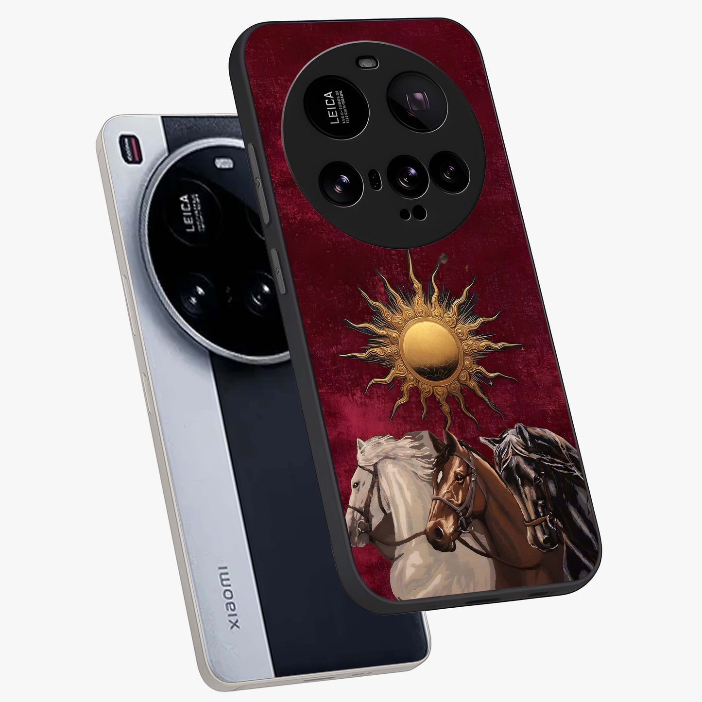 Solar Riders Glass Case displayed in angled mockup highlighting powerful rider illustration with radiant solar aesthetic.