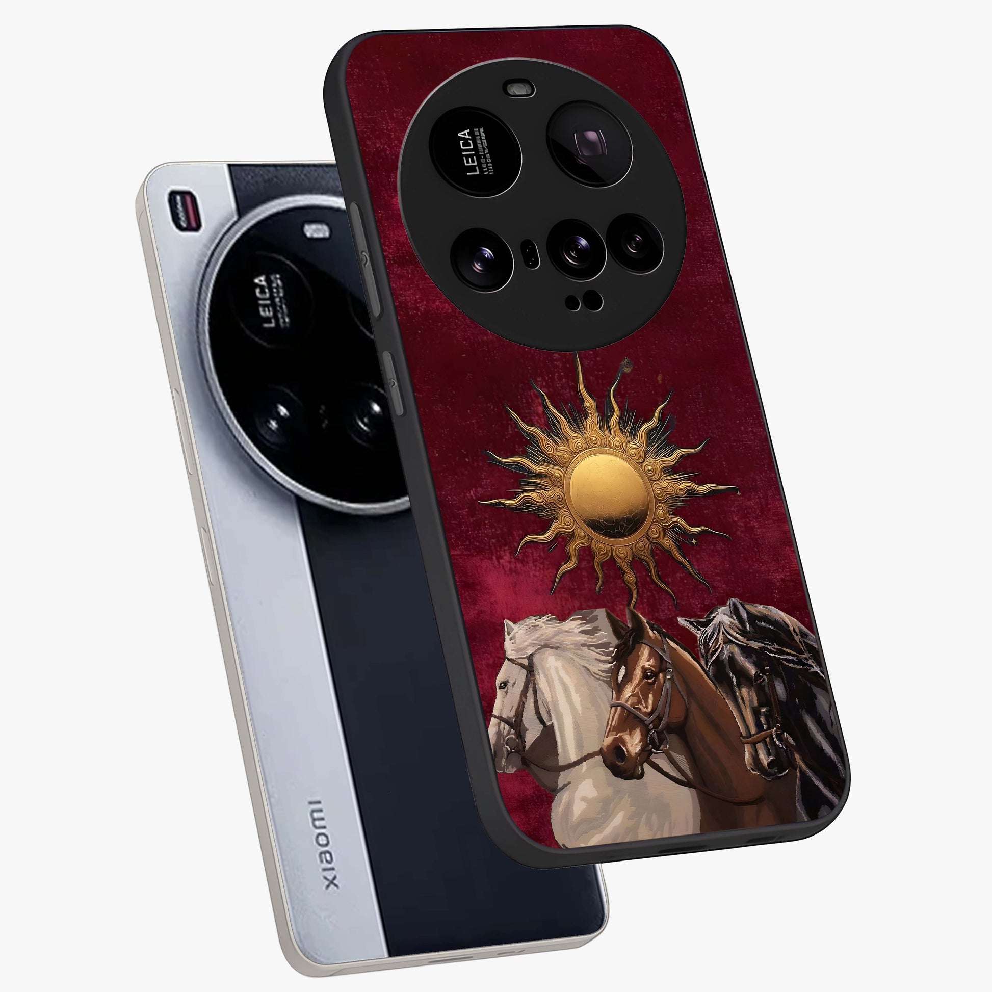 Solar Riders Glass Case displayed in angled mockup highlighting powerful rider illustration with radiant solar aesthetic.