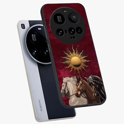 Solar Riders Glass Case displayed in angled mockup highlighting powerful rider illustration with radiant solar aesthetic.