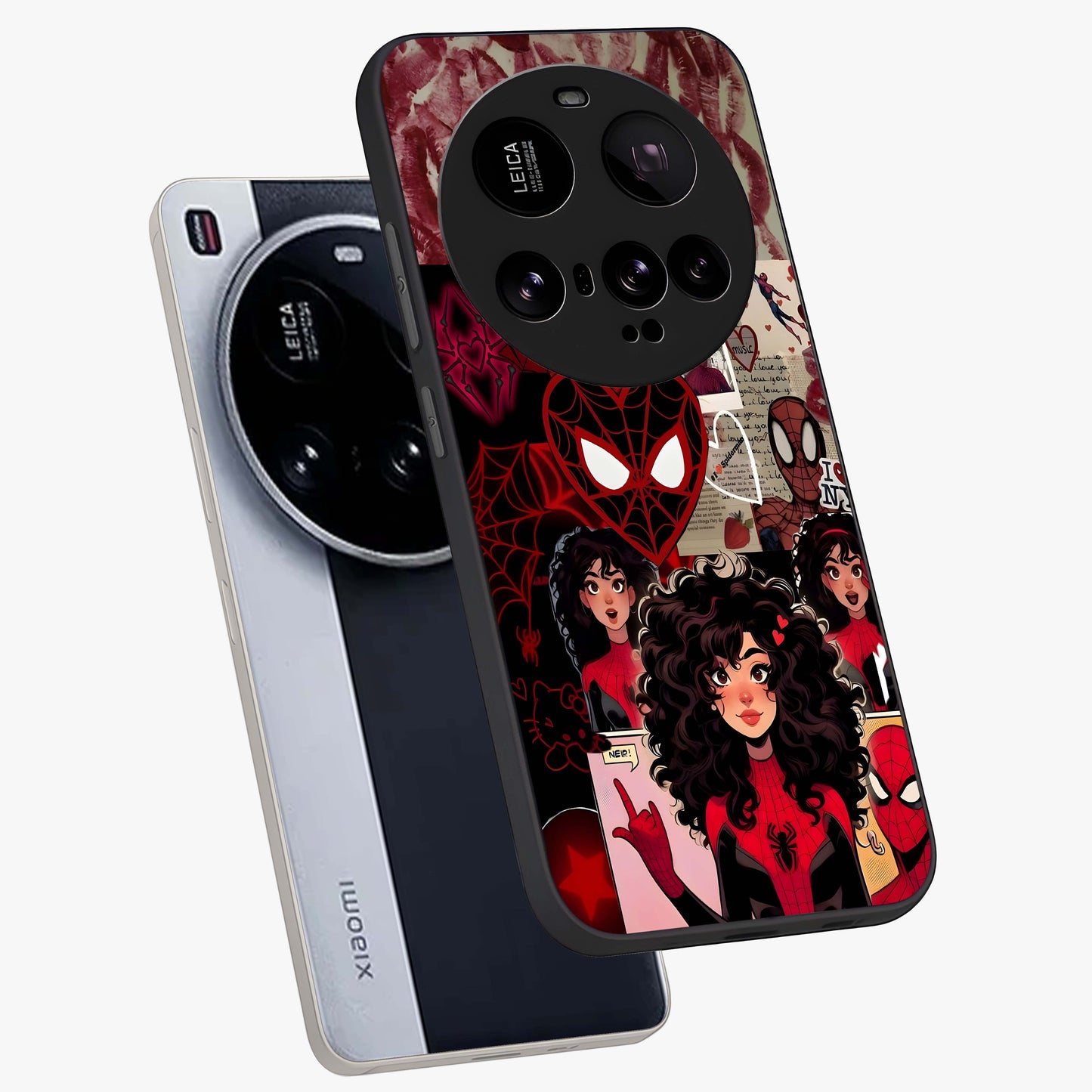 Spider Love Story Glass Case displayed in angled mockup highlighting expressive comic inspired design with playful aesthetic.