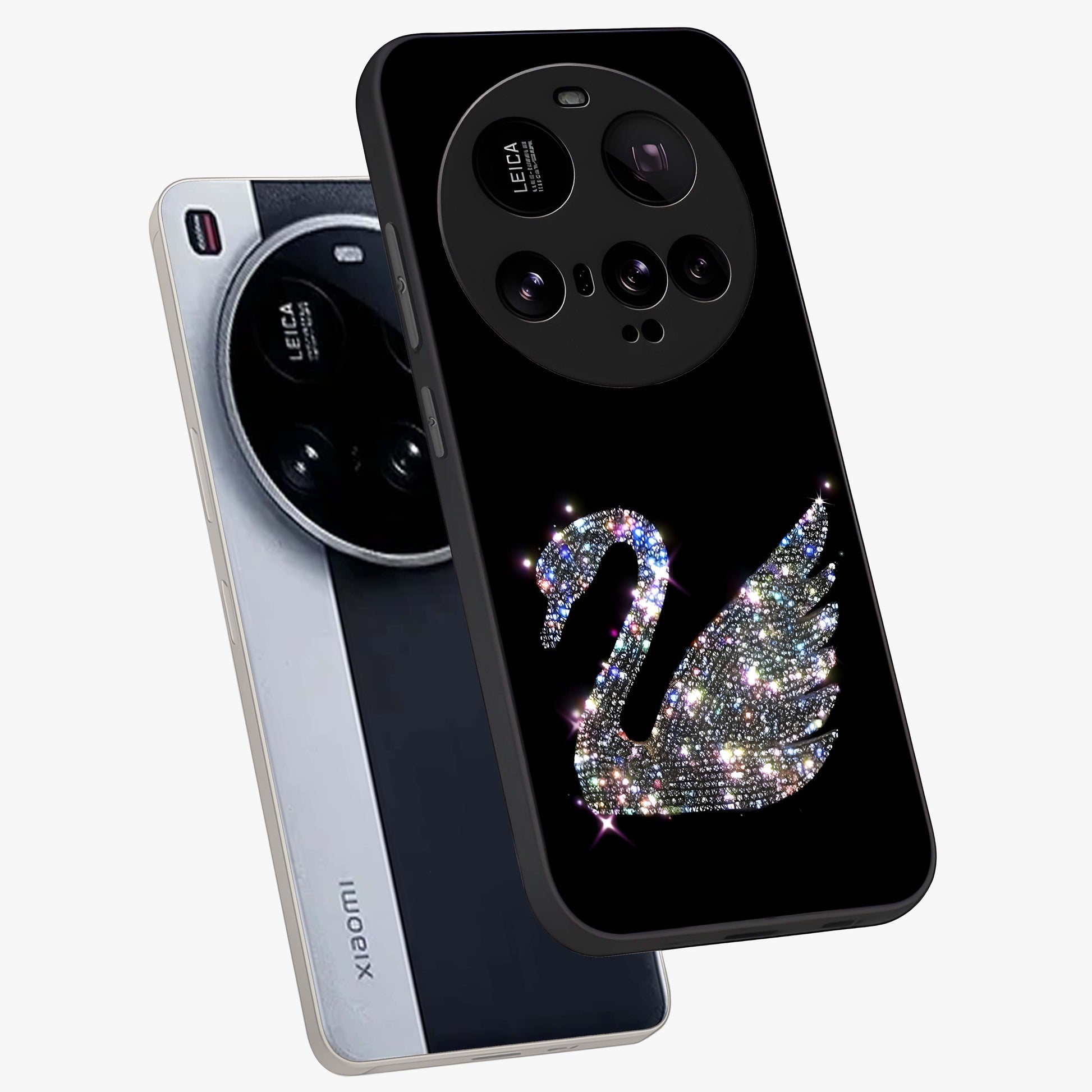 Starlit Swan Grace Glass Case displayed in angled mockup highlighting elegant swan illustration with dreamy celestial aesthetic.