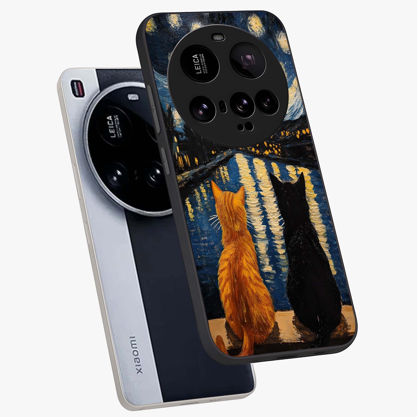 Starry River Cats Glass Case displayed in angled mockup highlighting charming feline illustration with dreamy night aesthetic.