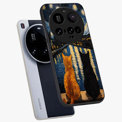 Starry River Cats Glass Case displayed in angled mockup highlighting charming feline illustration with dreamy night aesthetic.