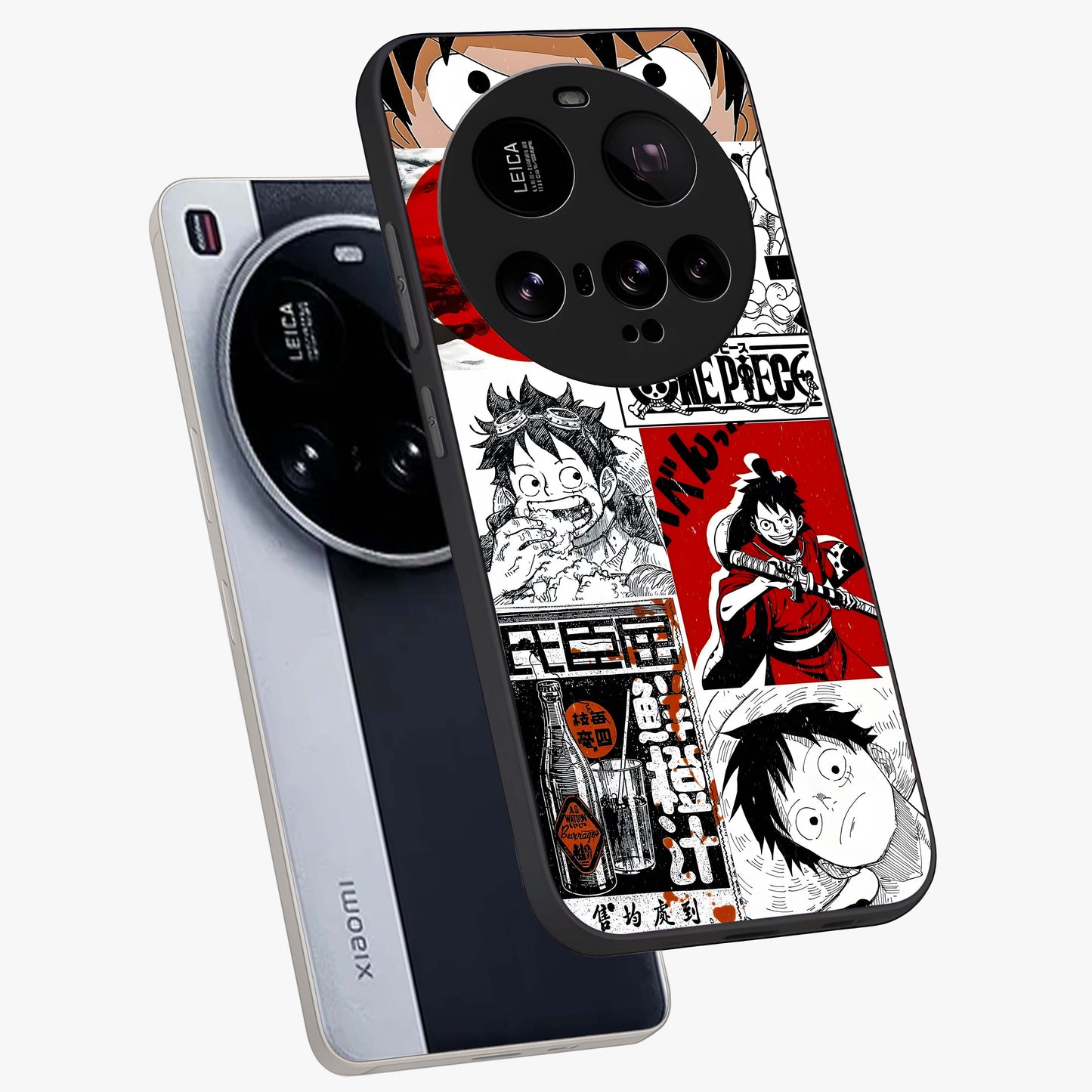 Strawhat Chaos Panels Glass Case displayed in angled mockup highlighting vibrant anime collage design with action aesthetic.