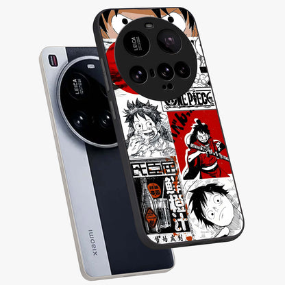 Strawhat Chaos Panels Glass Case displayed in angled mockup highlighting vibrant anime collage design with action aesthetic.