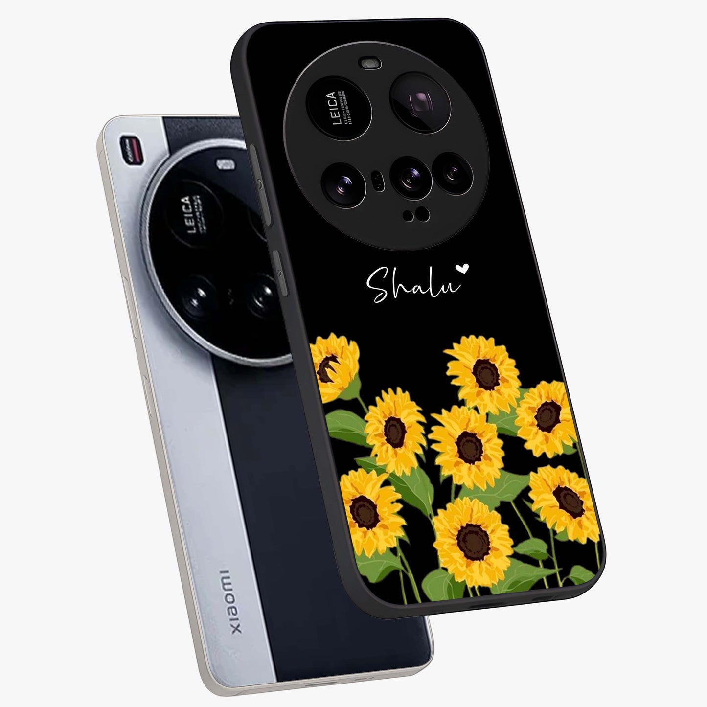 Sunflower Chic Mood Custom Name Glass Case displayed in angled mockup highlighting vibrant sunflower design with custom name feature.