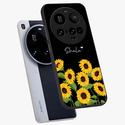 Sunflower Chic Mood Custom Name Glass Case displayed in angled mockup highlighting vibrant sunflower design with custom name feature.