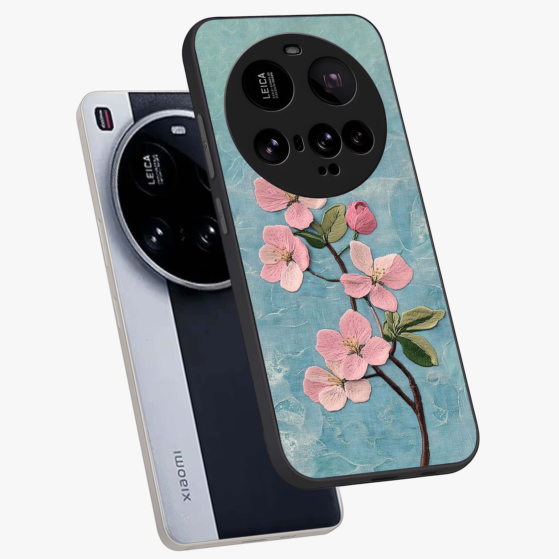 Threaded Blossom Breeze Glass Case displayed in angled mockup highlighting elegant floral design with soft aesthetic style.