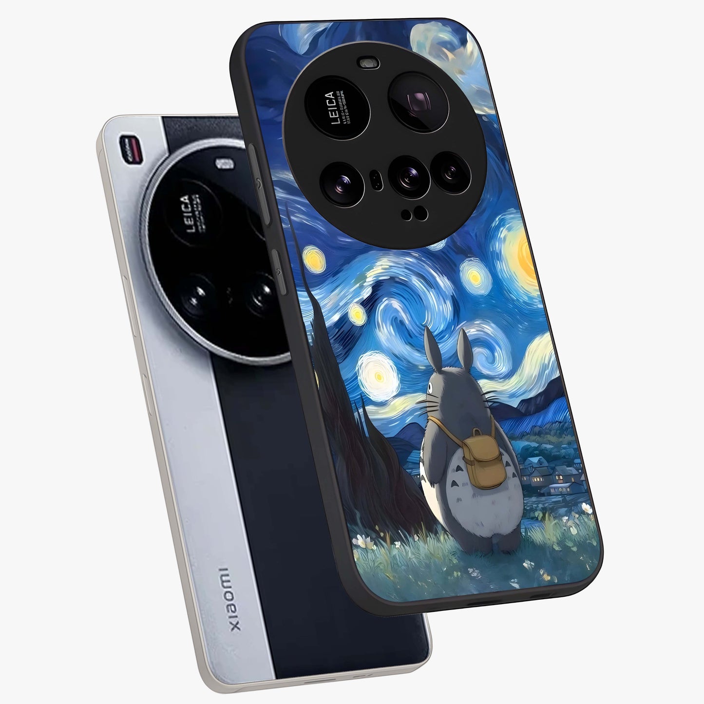 Totoro In Van Gogh Art Glass Case displayed in angled mockup highlighting artistic swirling sky design with playful animation aesthetic.